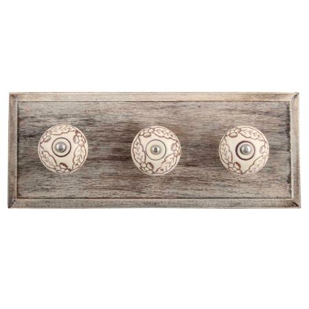Cream Brown Leaf Flower Etched Ceramic Wooden Hooks